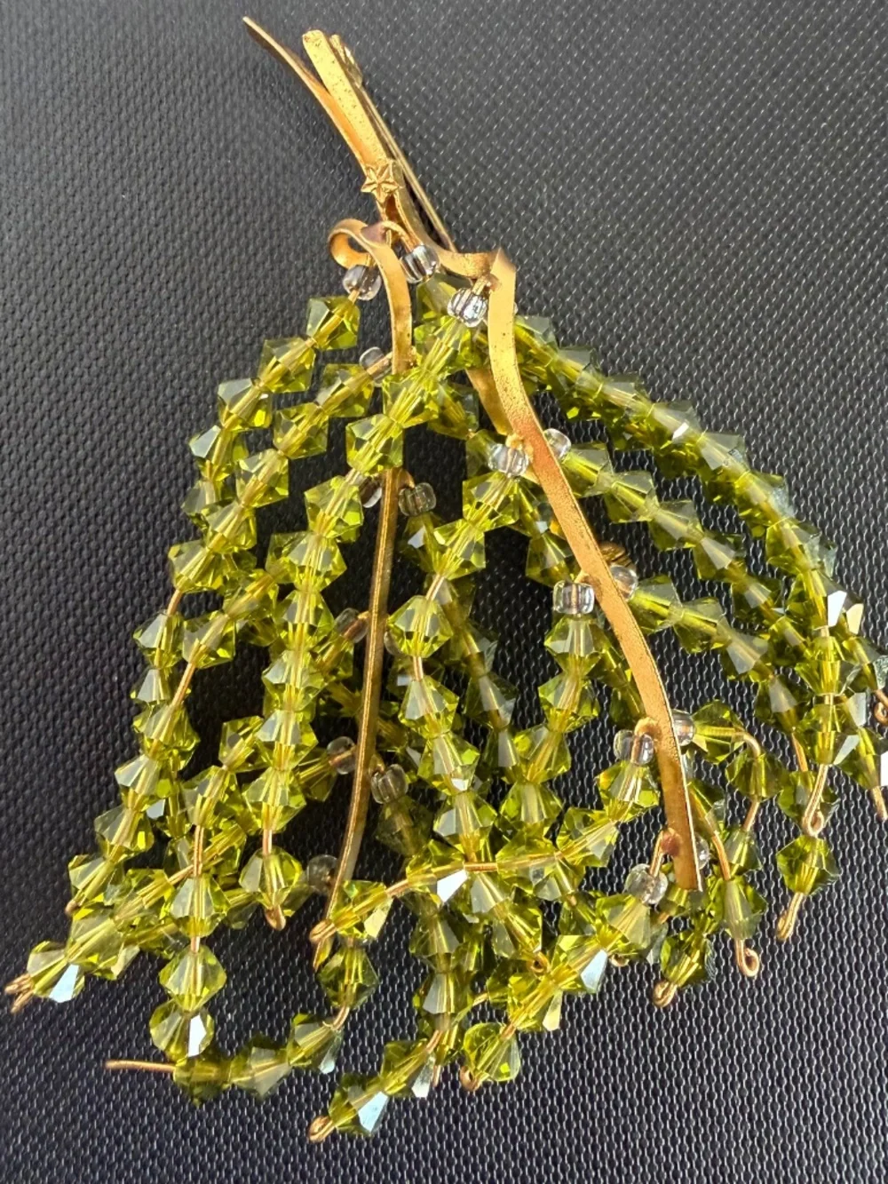 Vintage Suncatcher Brooch with Strands of Faceted Olivine-Colored Glass Beads